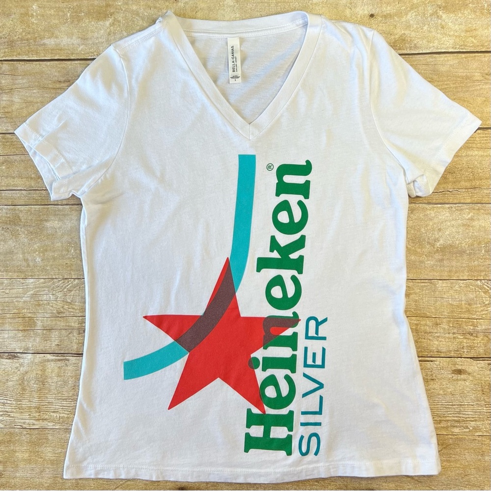 Bella Canvas Heineken Silver Graphic V-Neck T-Shirt White Small Mens Womens‎